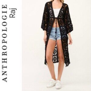 Raj Anthropologie Kimono Crochet Duster Longline Open Cardigan One Size New
